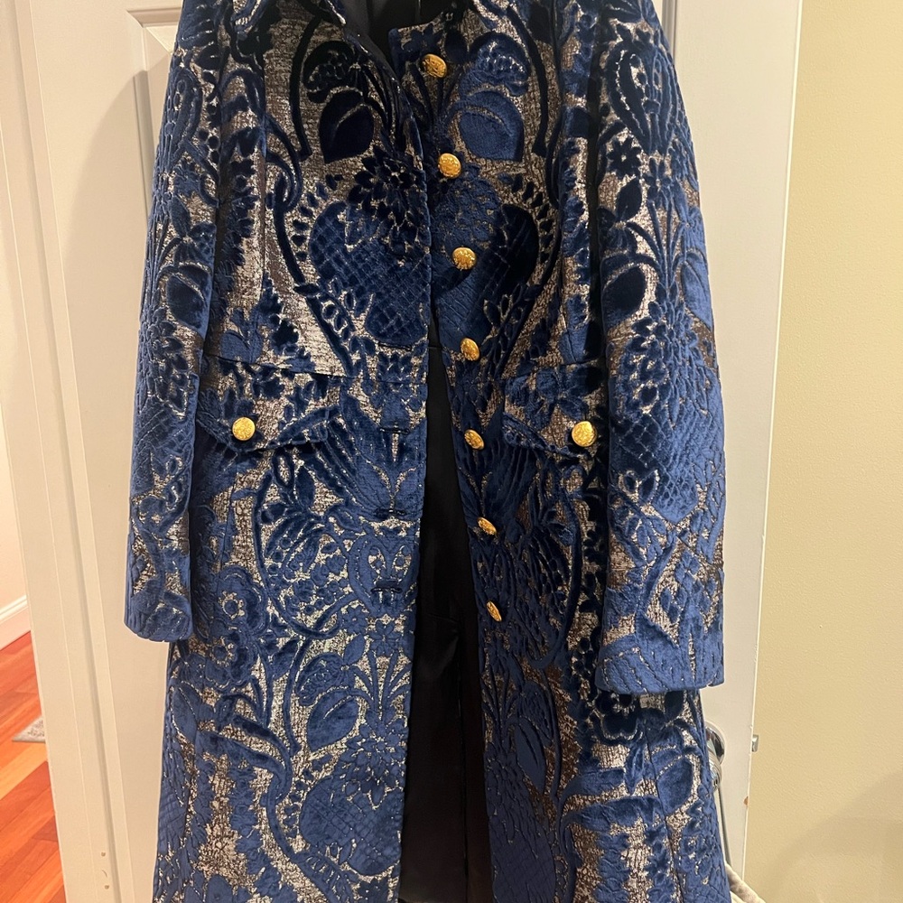 Dolce & Gabbana Navy Brocade Trench Coat with Gold Buttons